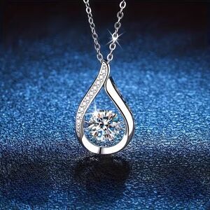 Silver Teardrop Zirconia Pendant Necklace Crystal Dangle Charm Classic Elegant